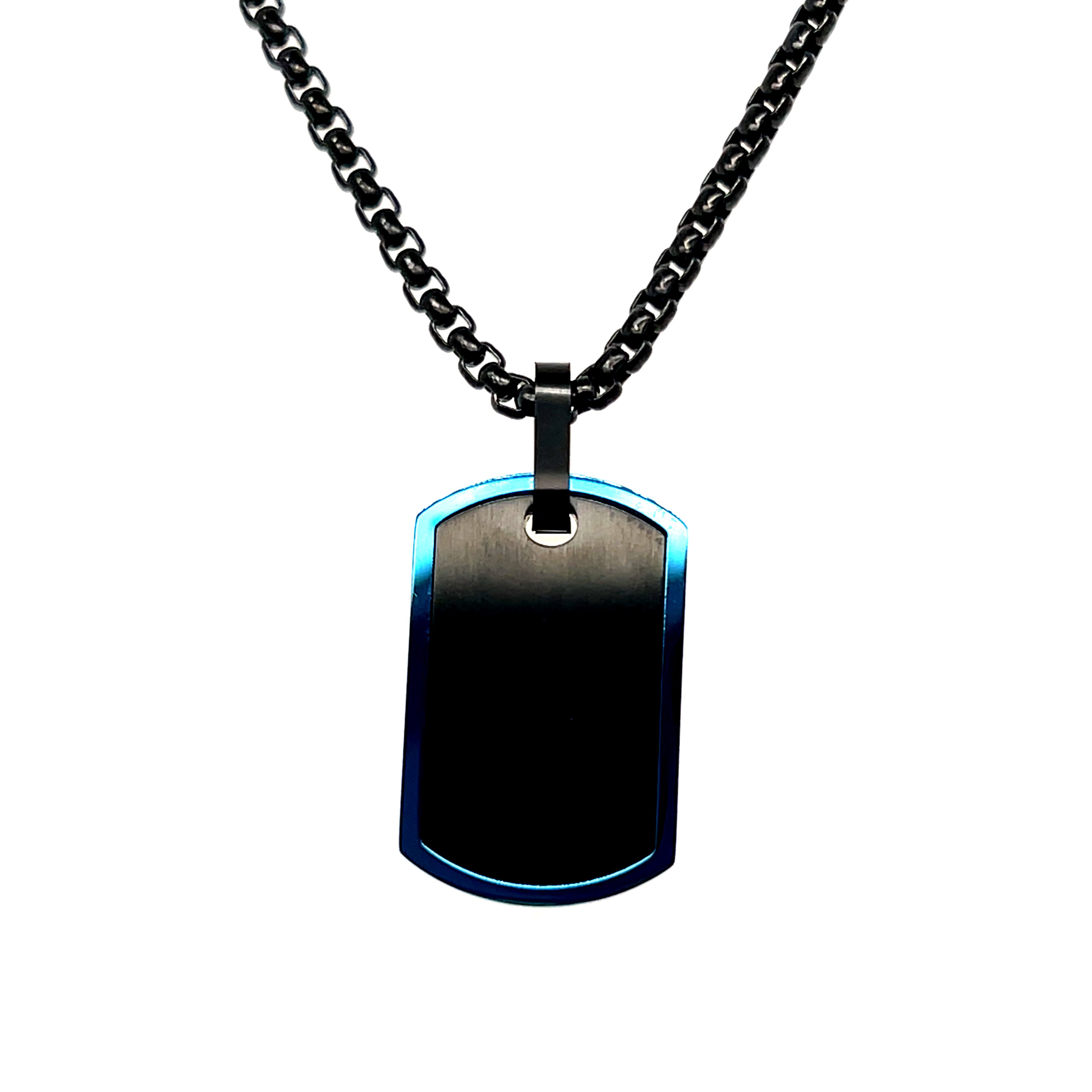 Stainless Steel Blue and Black-IP Matte and Polished Dog Tag Necklace 22"