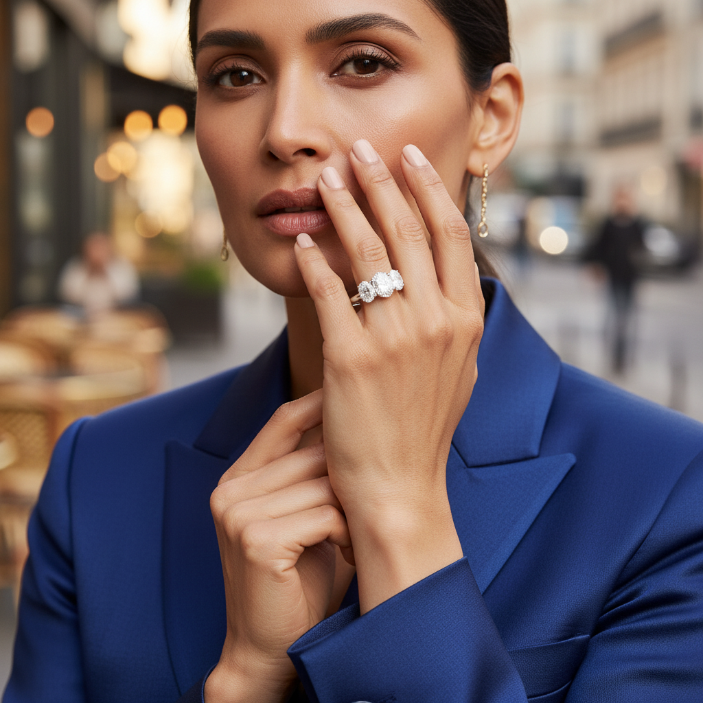 White Gold Lab Grown Oval 3-Stone Bridal/Engagement/Wedding/Anniversary Ring