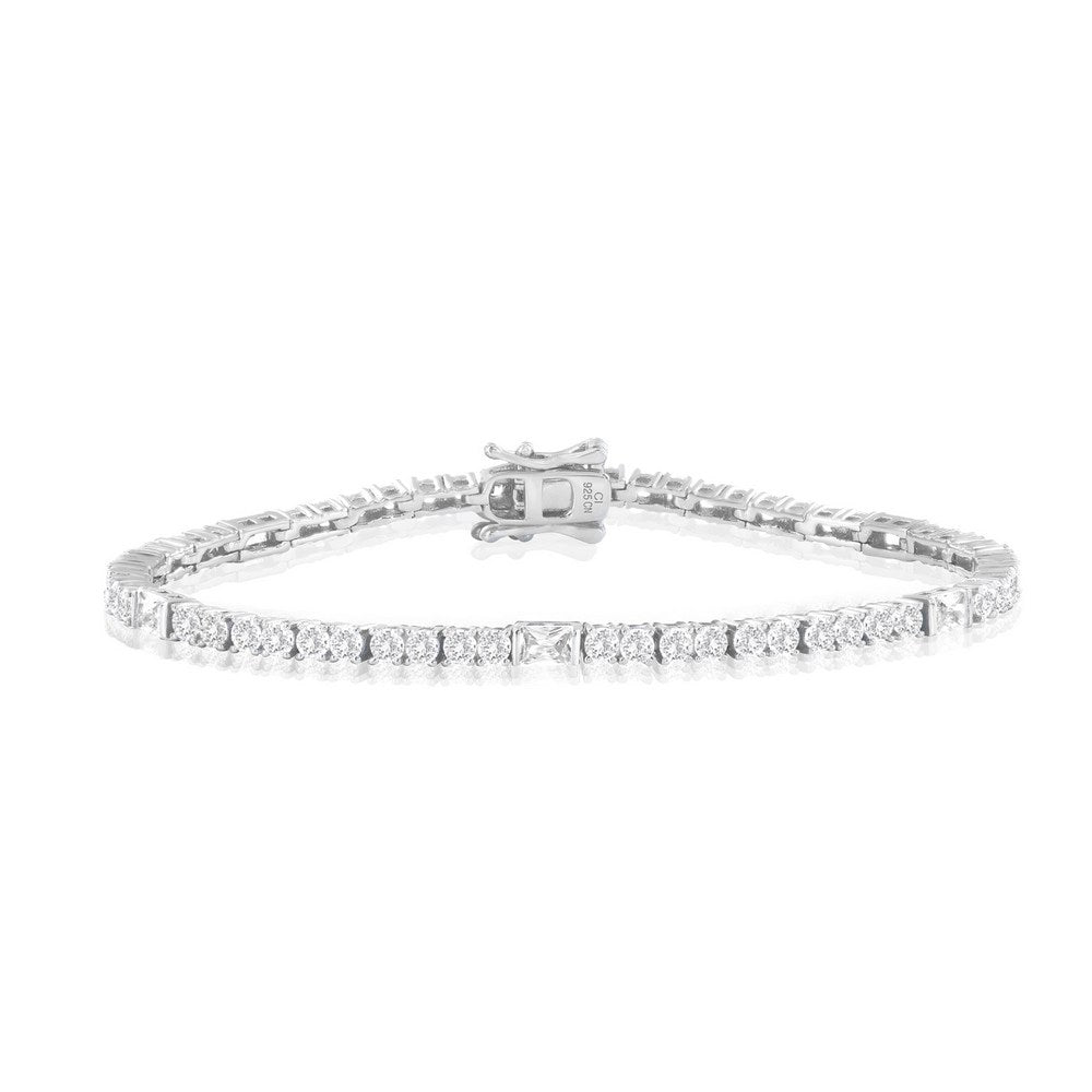 Sterling Silver, Rectangle & Round CZ Tennis Bracelet 7.5"