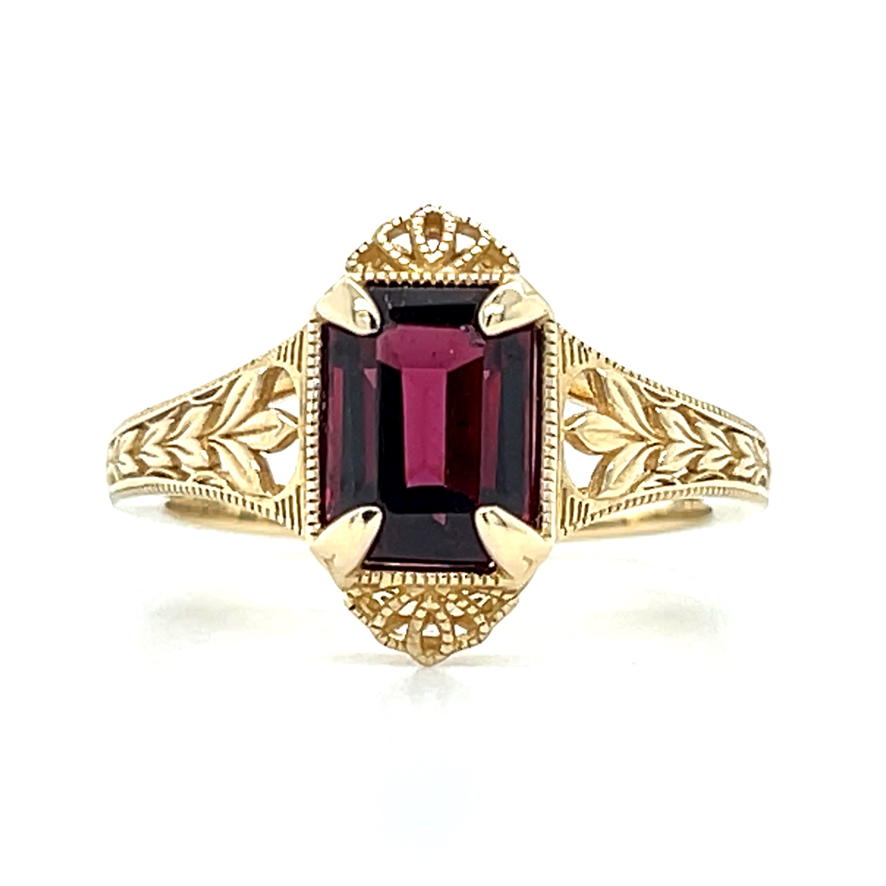 "Josephine" WJS Custom Set 14K Yellow Gold Emerald Cut Rhodolite Garnet Ring