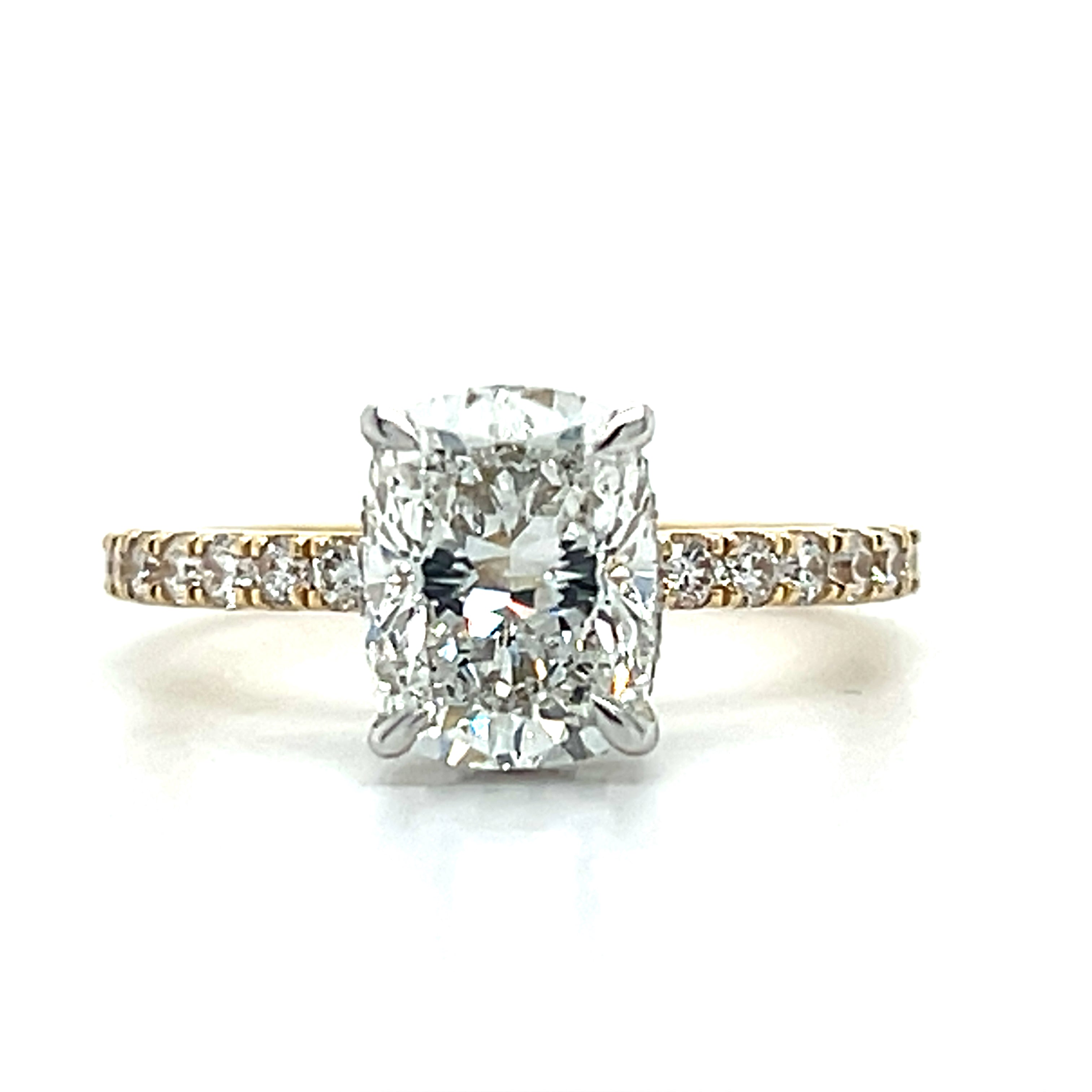 14KTT 2.05CT Cushion Center & 0.39 Carat Total Weight Pave Round on Band & Hidden Halo Lab Grown Diamond Engagement Ring