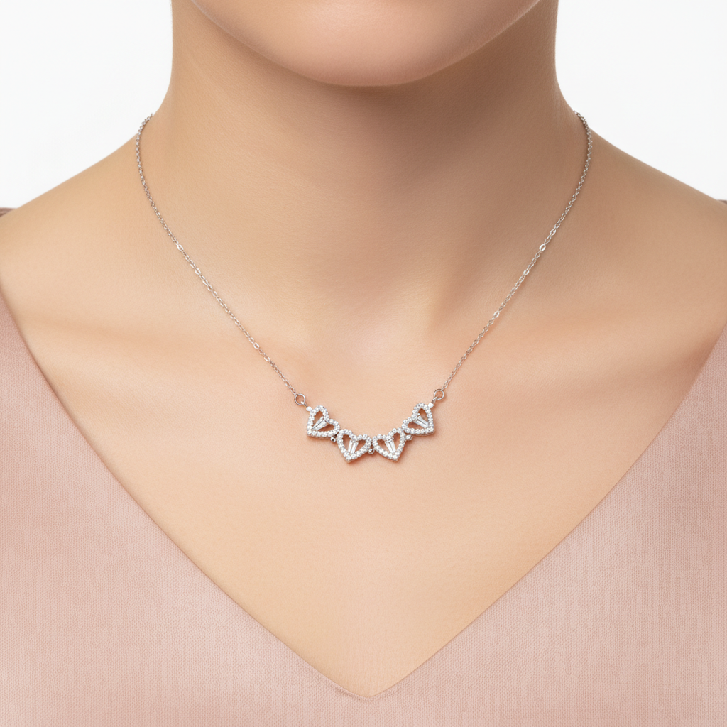 Silver Heart-Shaped Cubic Zirconia Flower Necklace