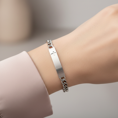 Silver Tone ID Bracelet with Cut-Out Cross Plaque