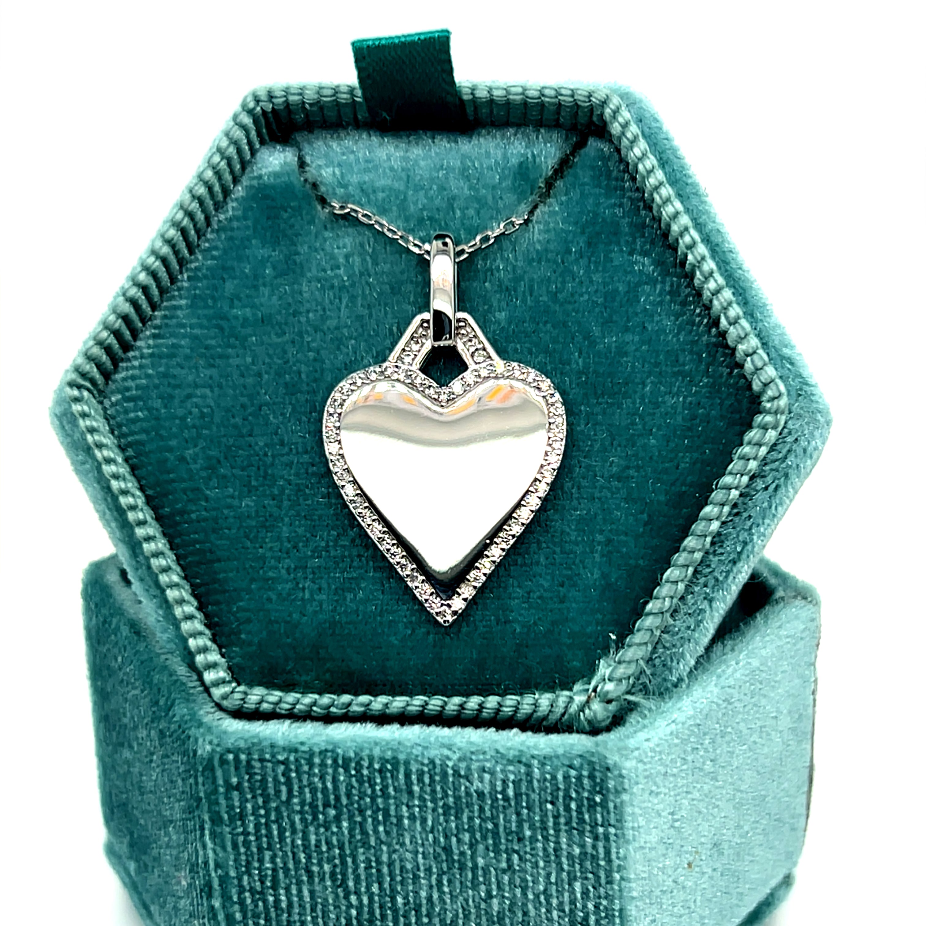 Sterling Silver Polished Heart Cubic Zirconia Border Necklace 16+2"