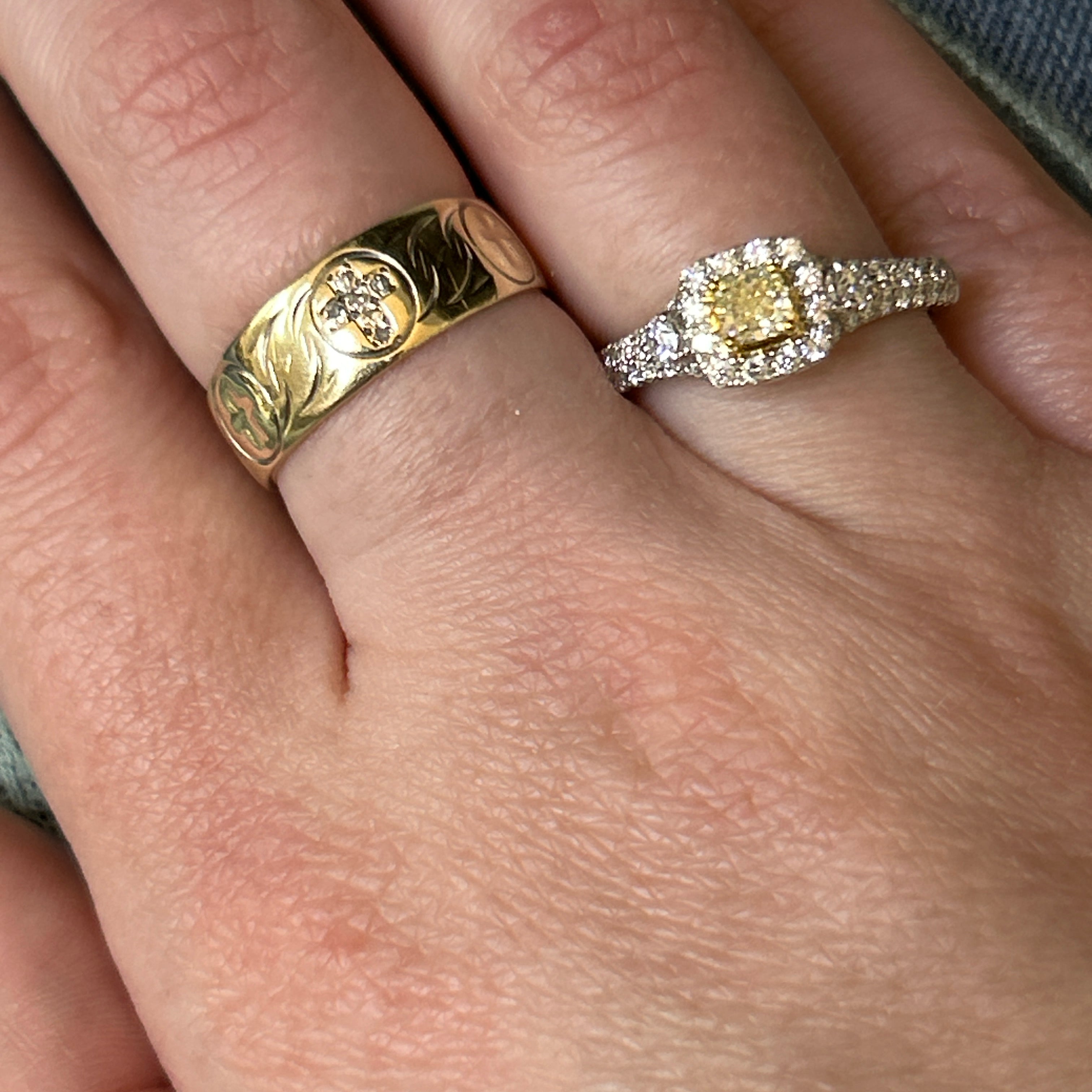 14K Yellow and White 0.85 Carat Total Weight 0.33CT Center Cushion Cut Natural Fancy Yellow Diamond and Natural White Diamond Halo Engagement Ring, Available online or in store at Wright’s Jewelry, Fallston, NC