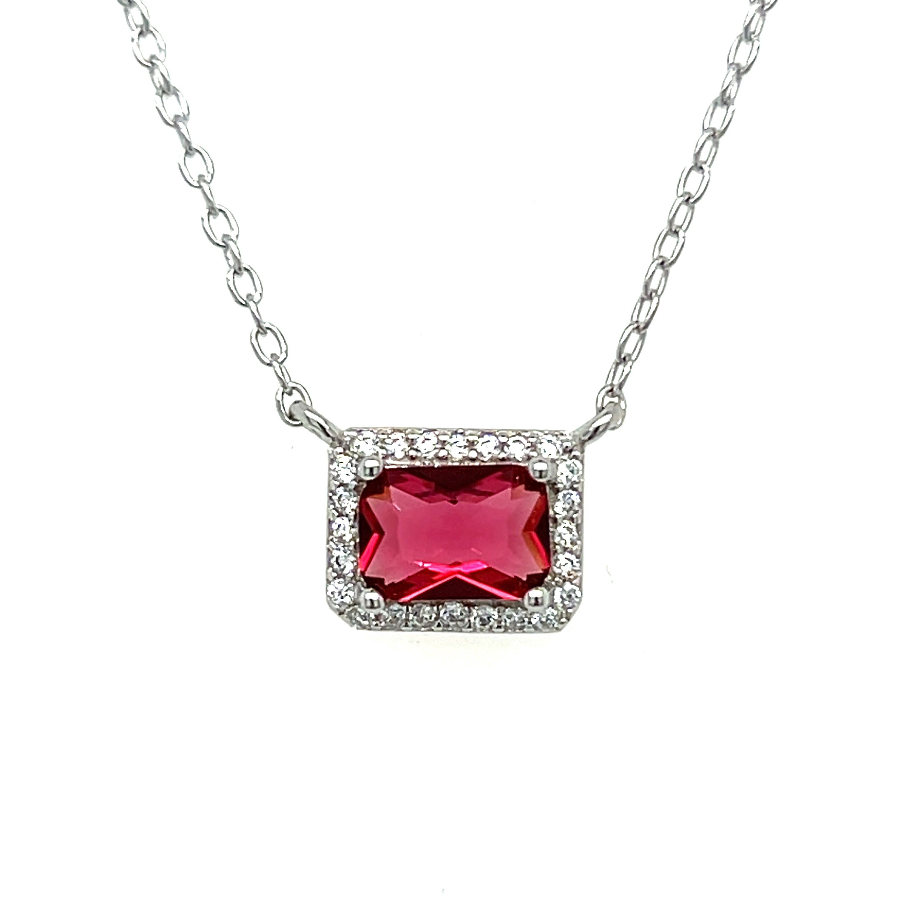 Sterling Silver Cubic Zirconia Emerald Cut Necklace with Red Stone