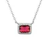 Sterling Silver Cubic Zirconia Emerald Cut Necklace with Red Stone