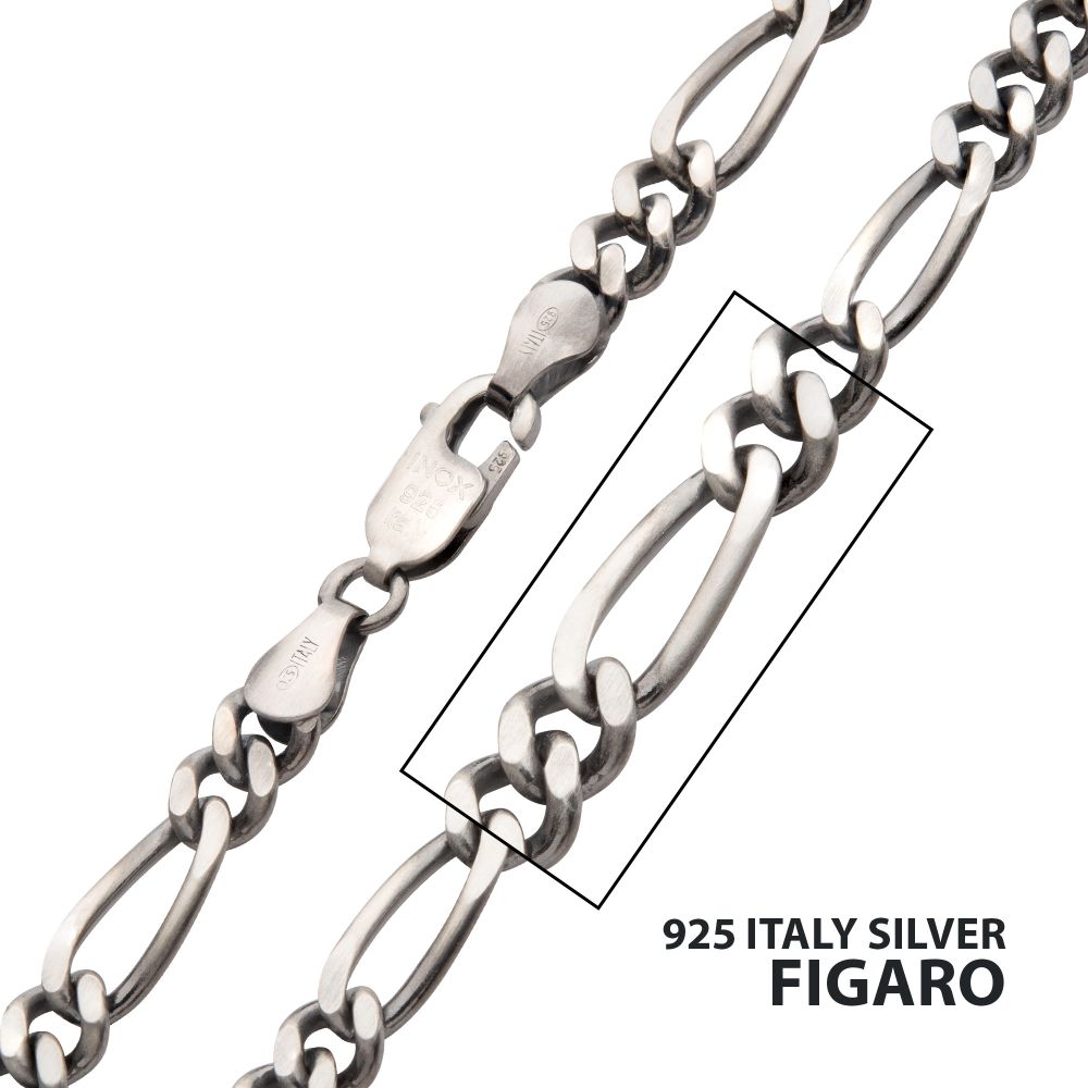 Men's Silver Black Rodium Plated Brushed Satin Finish Figaro Chain 22"