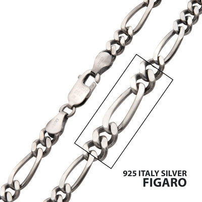 Men's Silver Black Rodium Plated Brushed Satin Finish Figaro Chain 22"