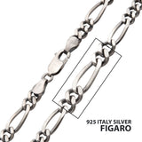 Men's Silver Black Rodium Plated Brushed Satin Finish Figaro Chain 22"