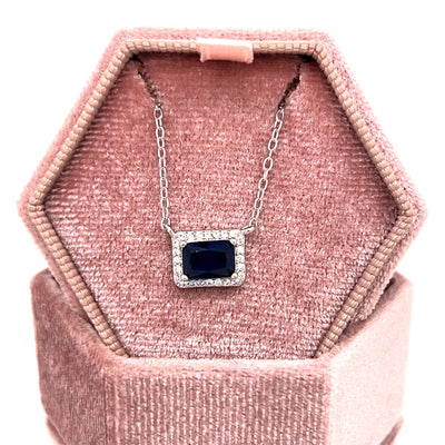 Sterling Silver Cubic Zirconia Emerald Cut Necklace with Blue Stone