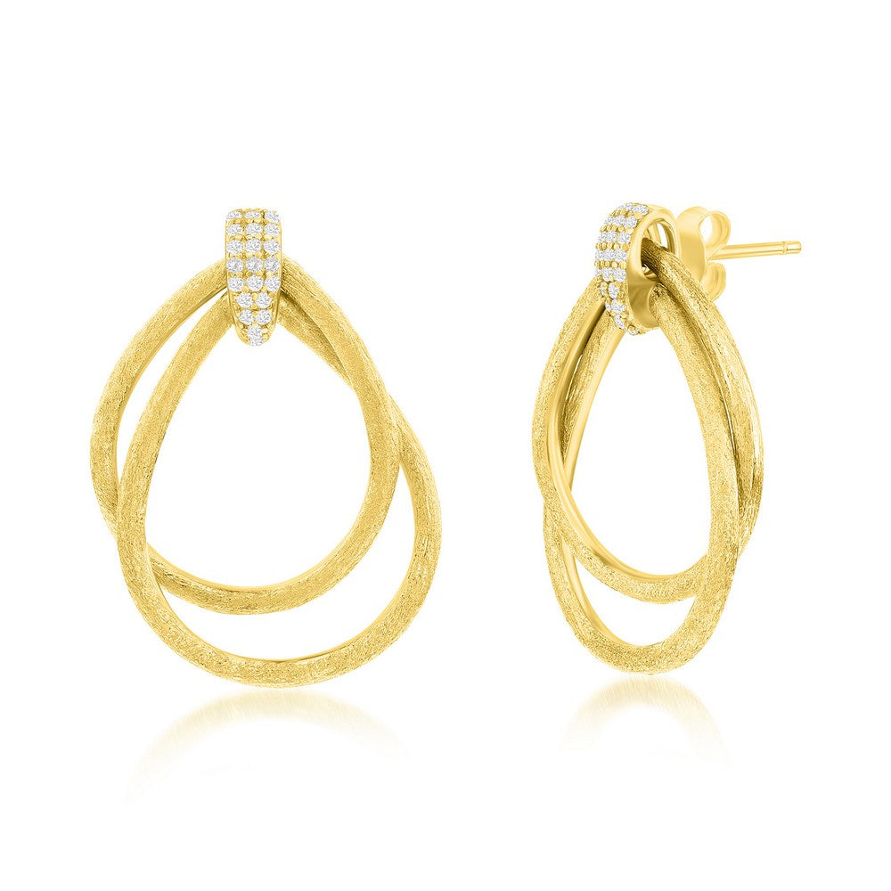 Silver Gold Plated Double Pear-Shaped Brushed CZ Earrings