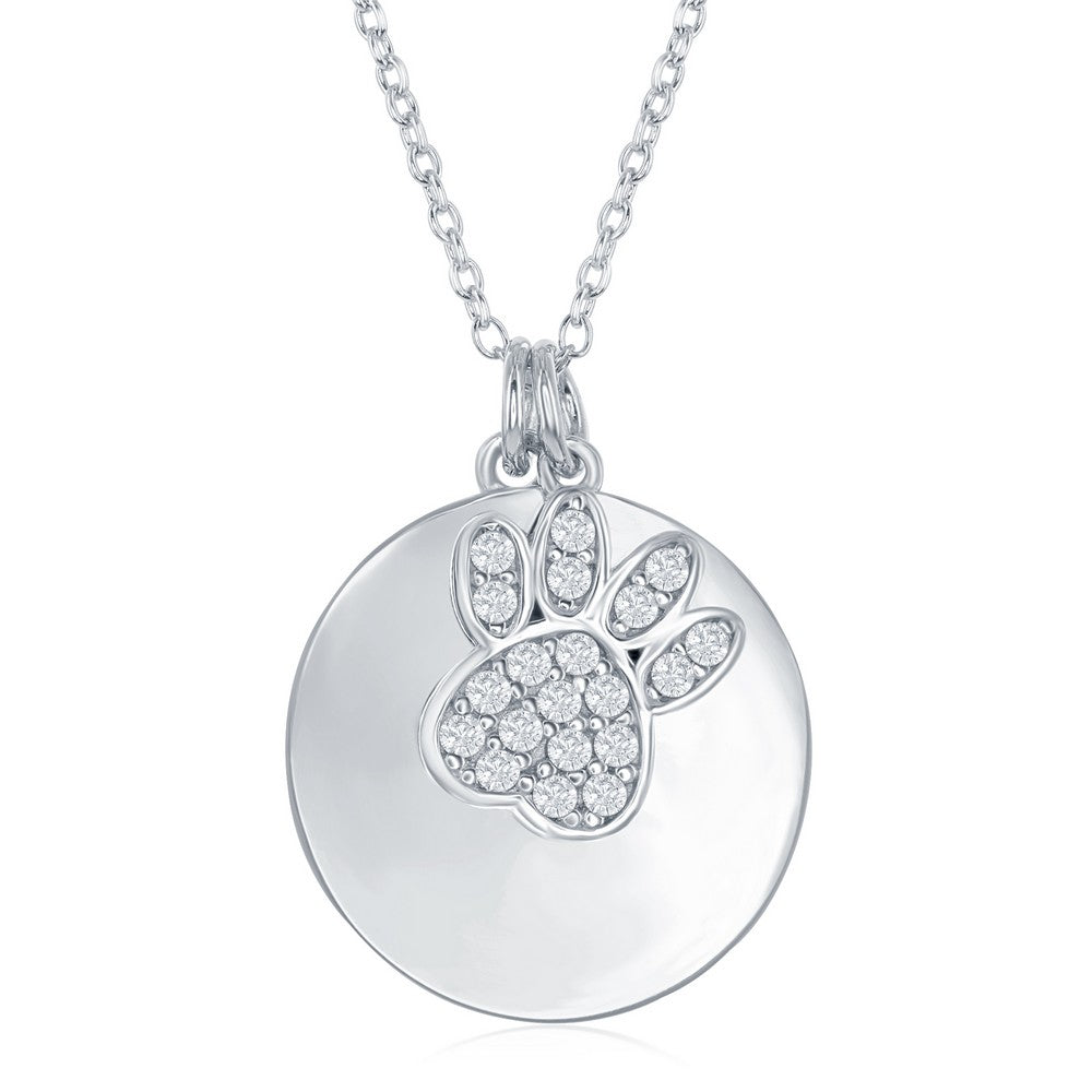 Sterling Silver Shiny Disc with Micro Pave Bear Paw Necklace 16+2"