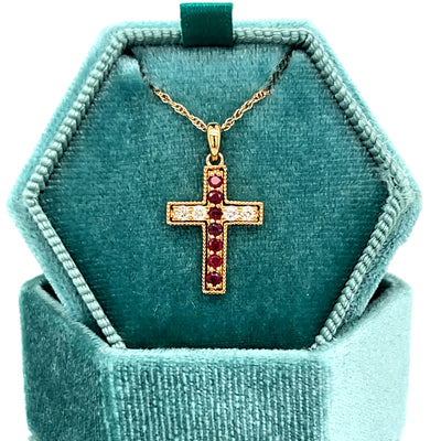 Yellow Gold Red Spinel and Diamond Cross Pendant