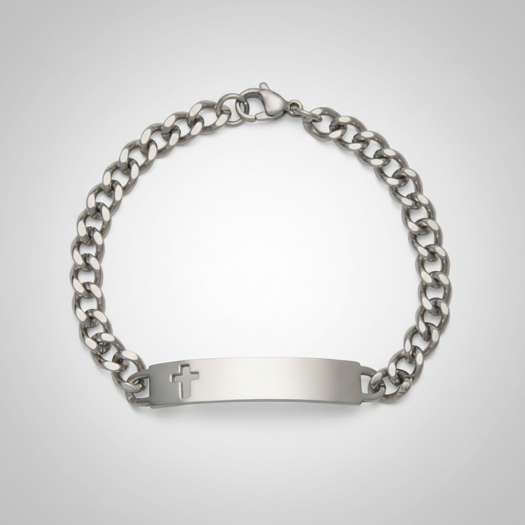 Silver Tone ID Bracelet with Cut-Out Cross Plaque