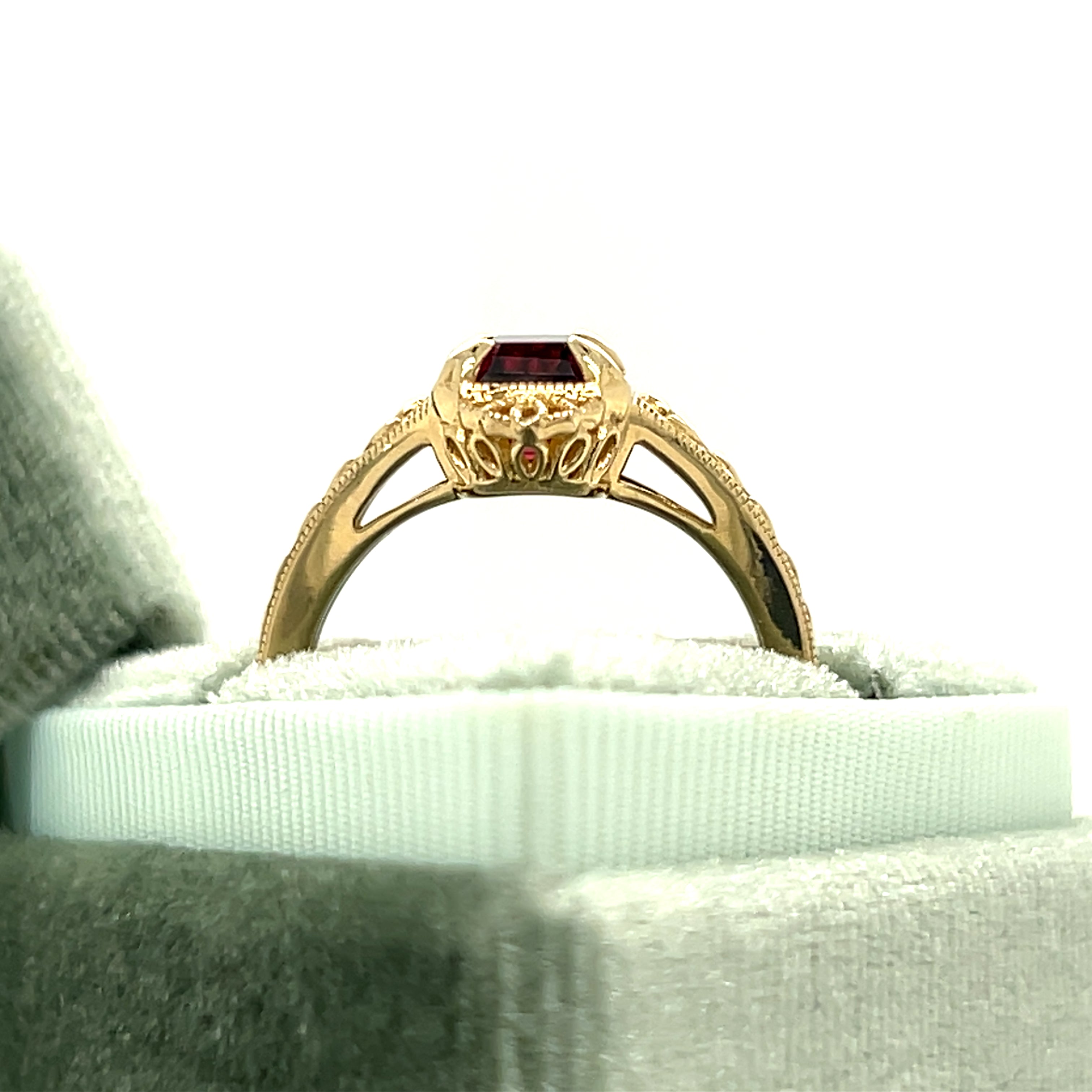 "Josephine" WJS Custom Set 14K Yellow Gold Emerald Cut Rhodolite Garnet Ring