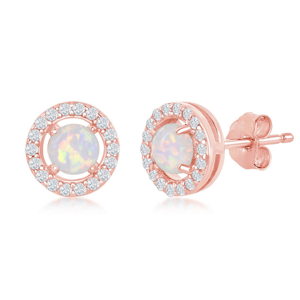 Silver Rose Gold Plated Four-Prong White Opal with CZ Halo Round Stud Earrings