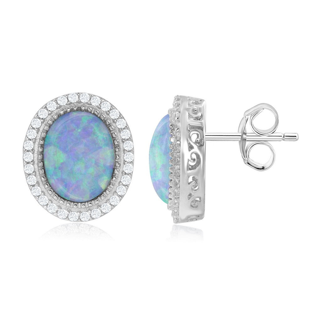 Sterling Silver Oval White Opal with CZ Border Earrings