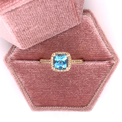 10K Yellow Gold .92CT Cushion Cut Blue Topaz and .13 Carat Total Weight Diamond Ring