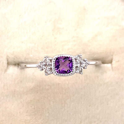 10K White Gold Amethyst and Diamond Minimalist Ring