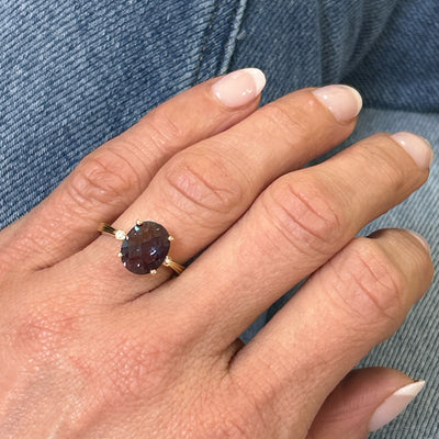 Yellow Gold 4.11CT Checkerboard Lab Alexandrite and 0.024 Carat Total Weight 2-Diamond Ring