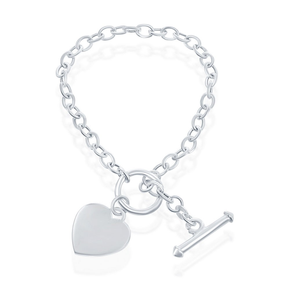 Sterling Silver Engravable Heart Charm Rolo Chain Toggle Bracelet 7.5"