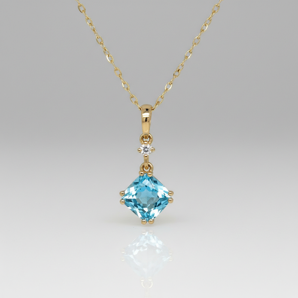14K Yellow Gold 1.09CT 6x6mm Swiss Blue Topaz and 0.022 Carat Total Weight Diamond Pendant