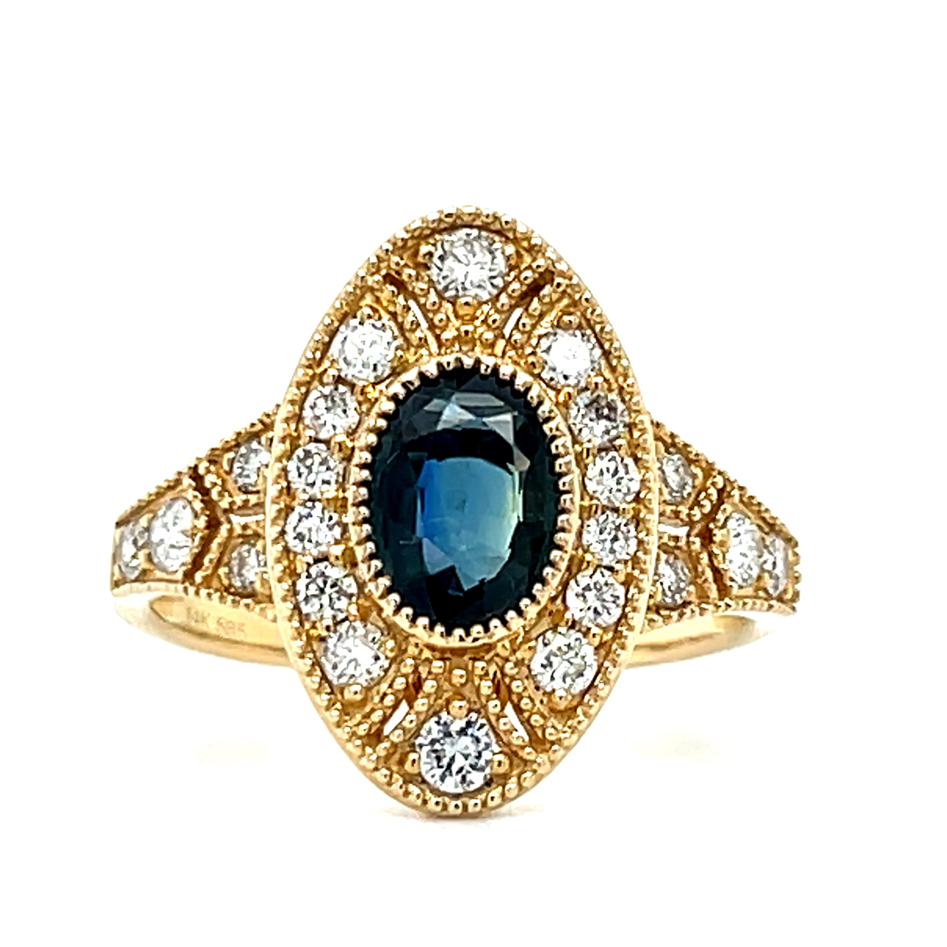 Yellow Gold Oval Teal Sapphire and Diamond Vintage/Art Deco Style Ring