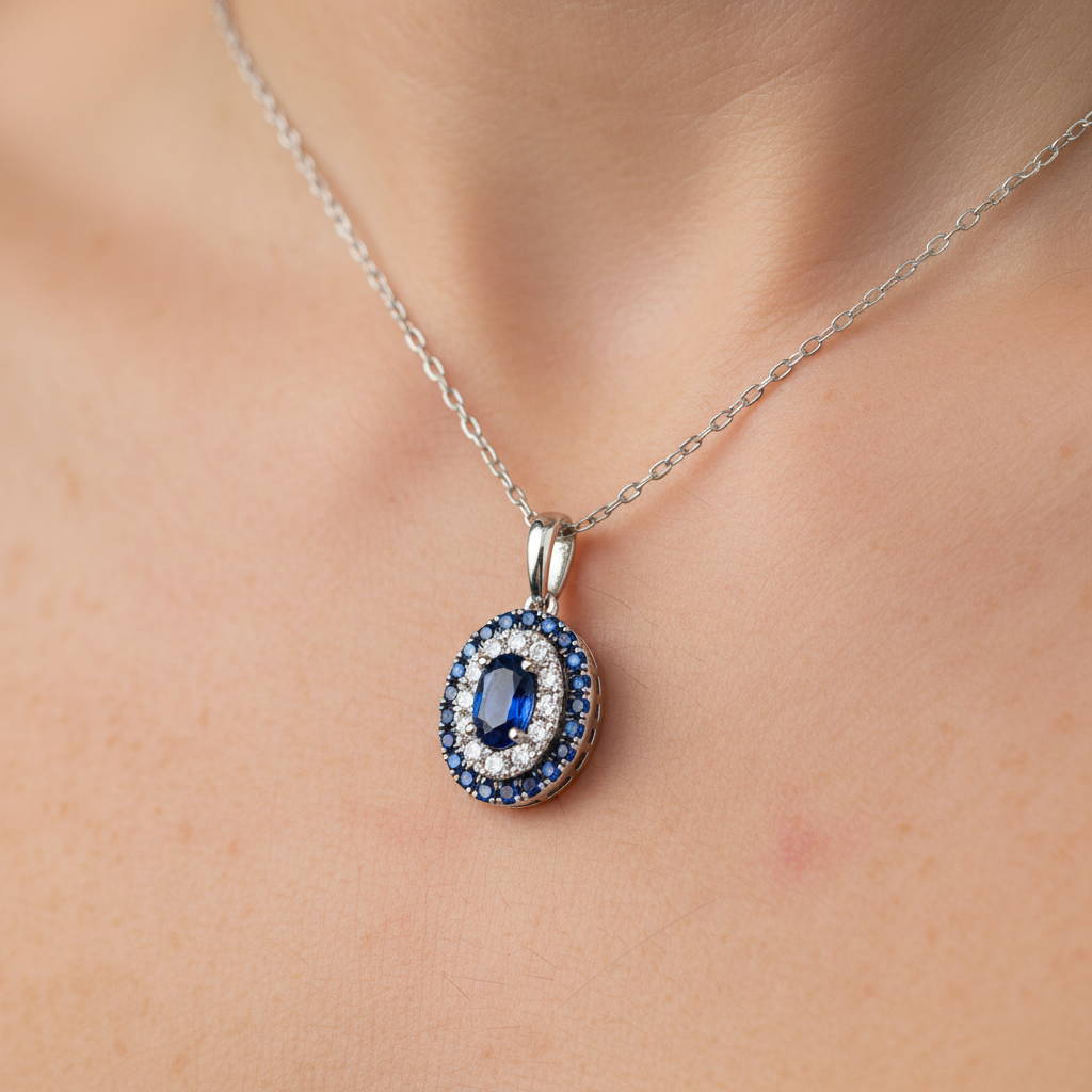 10K White Gold Oval and Round Sapphire and Diamond Halo Necklace