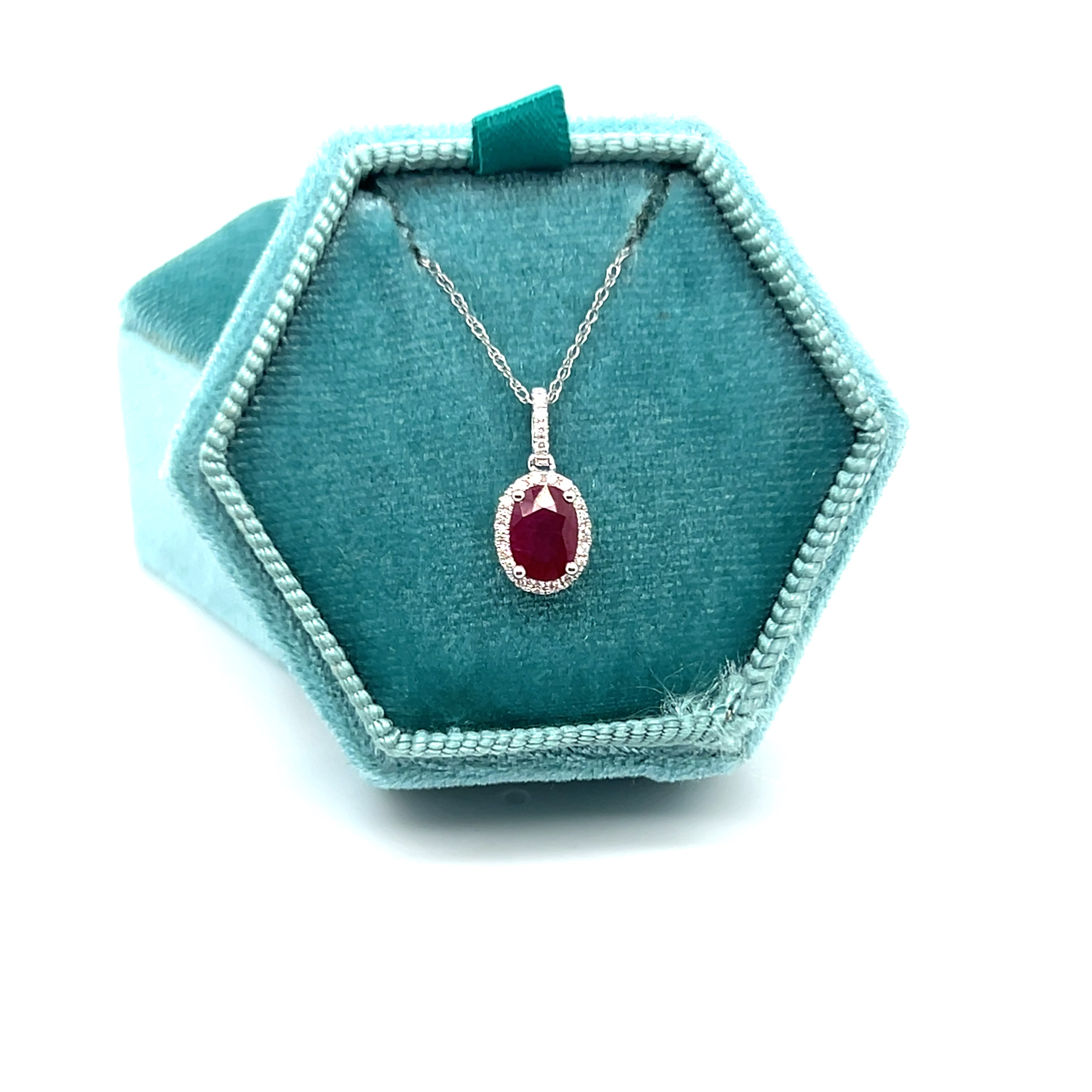14K White Gold 0.80CT 5x7mm Ruby and 0.101 Carat Total Weight (23) Diamond Pendant