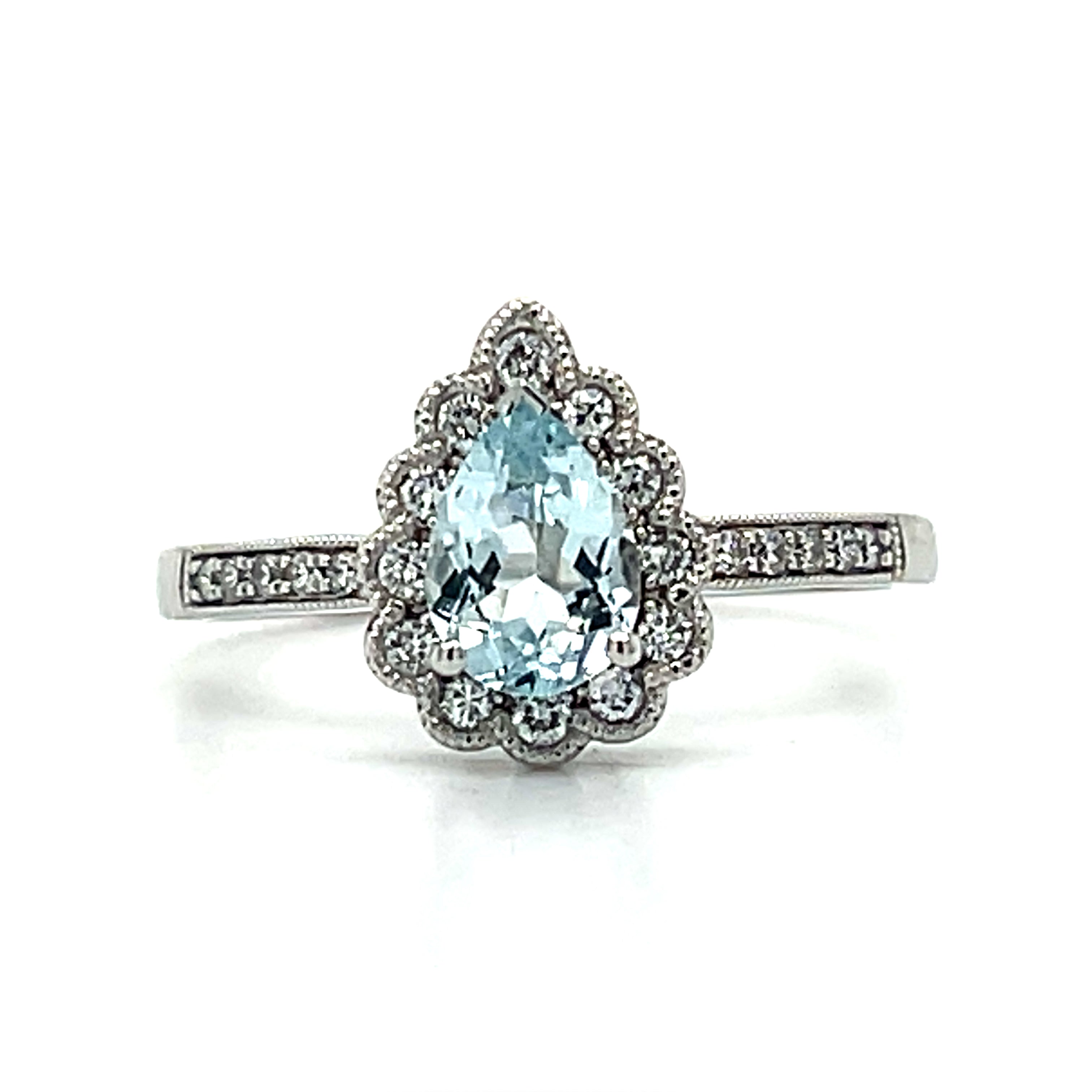 14K White Gold Scalloped Pear-Shaped Aquamarine and Diamond Ring