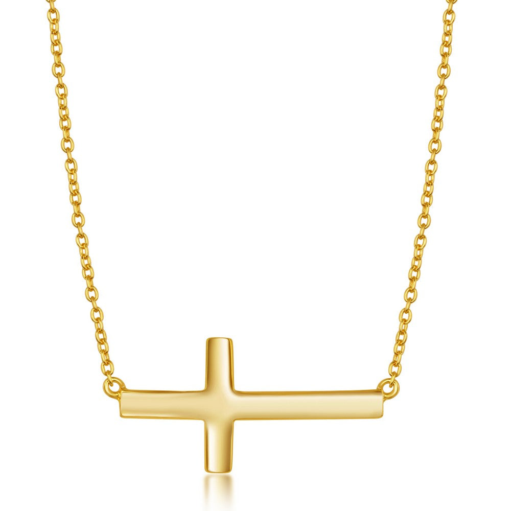 Sterling Silver Gold Plated Sideways Cross Necklace 16+2"