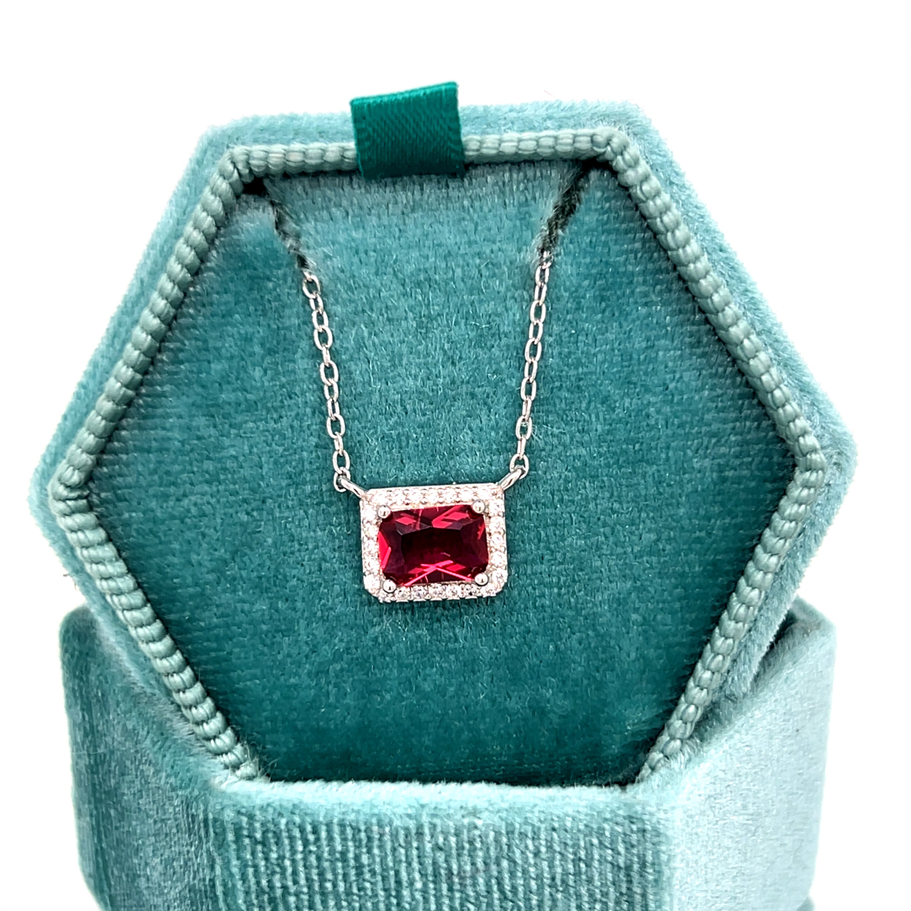 Sterling Silver Cubic Zirconia Emerald Cut Necklace with Red Stone