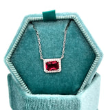 Sterling Silver Cubic Zirconia Emerald Cut Necklace with Red Stone