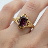 "Josephine" WJS Custom Set 14K Yellow Gold Emerald Cut Rhodolite Garnet Ring