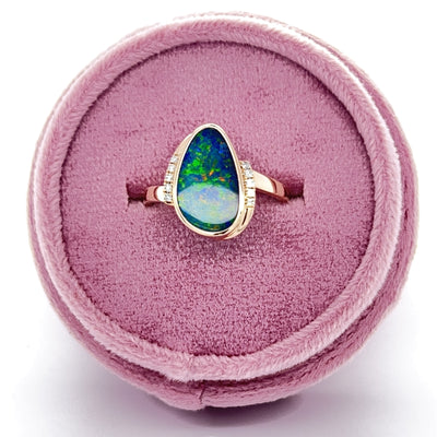 Yellow Gold Free-Form Opal Doublet and Diamond Ring