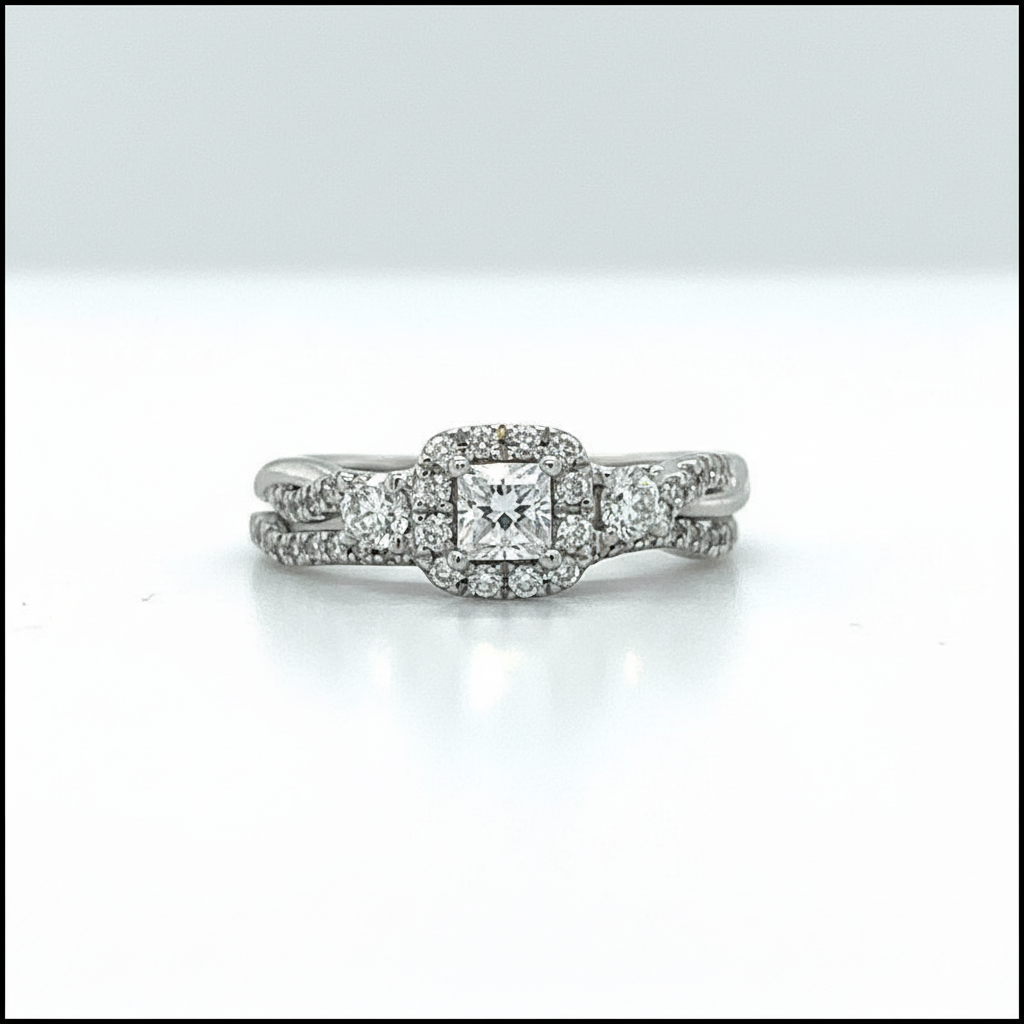 14K White Gold Diamond Princess Bridal Engagement Ring Set