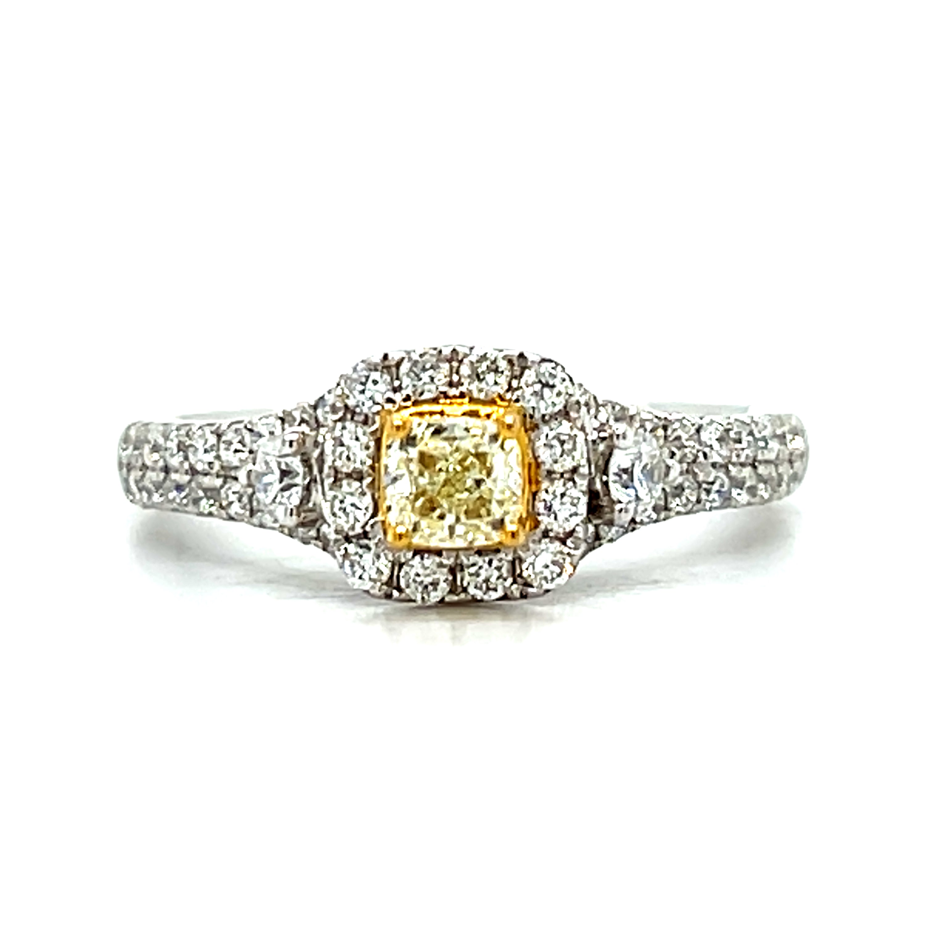 14K Yellow and White 0.85 Carat Total Weight 0.33CT Center Cushion Cut Natural Fancy Yellow Diamond and Natural White Diamond Halo Engagement Ring, Available online or in store at Wright’s Jewelry, Fallston, NC