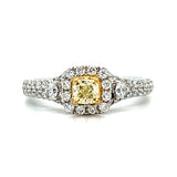 14K Yellow and White 0.85 Carat Total Weight 0.33CT Center Cushion Cut Natural Fancy Yellow Diamond and Natural White Diamond Halo Engagement Ring, Available online or in store at Wright’s Jewelry, Fallston, NC