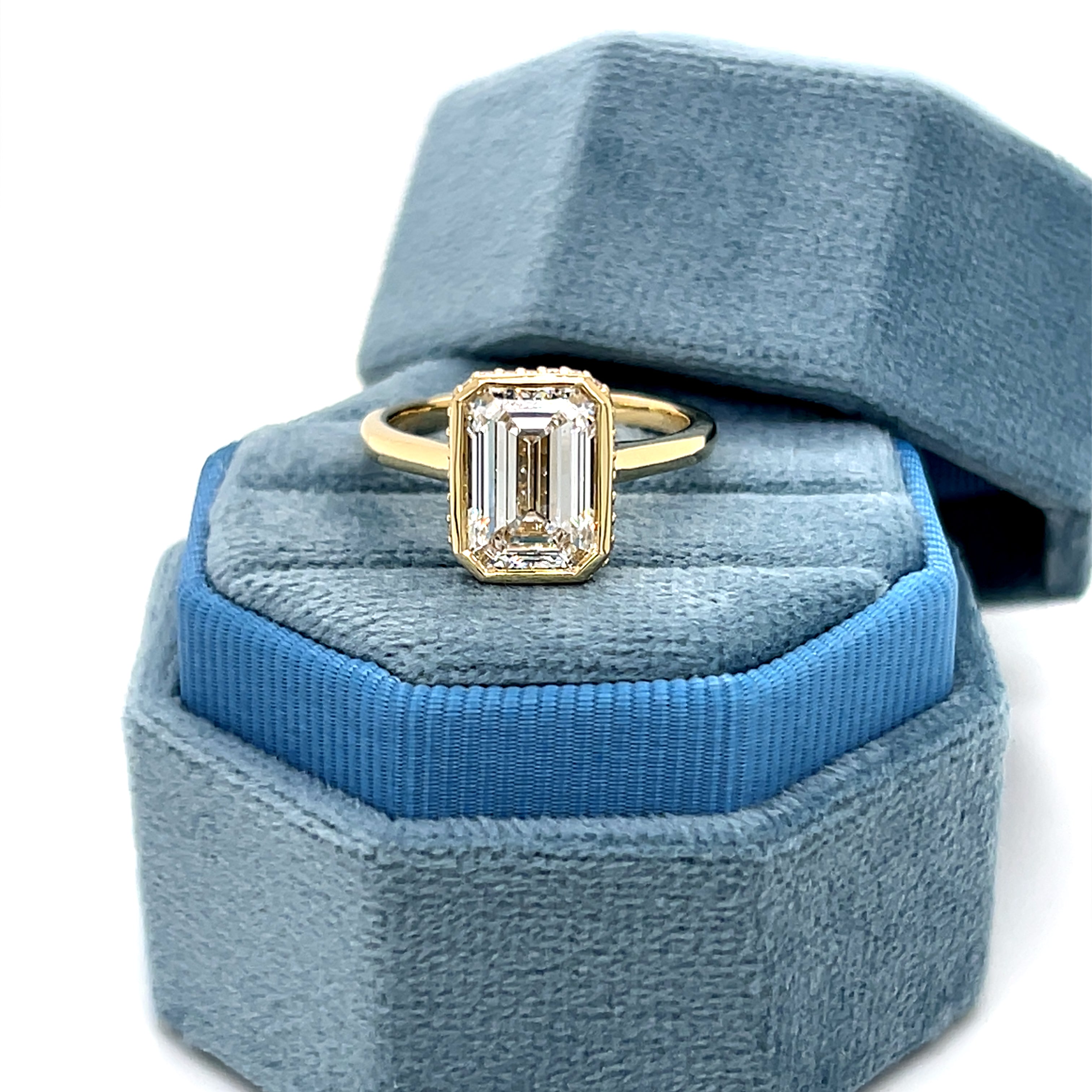 14K Yellow Gold 3.30 Carat Total Weight Lab Grown Diamond Hidden Halo Emerald Cut Engagement Ring