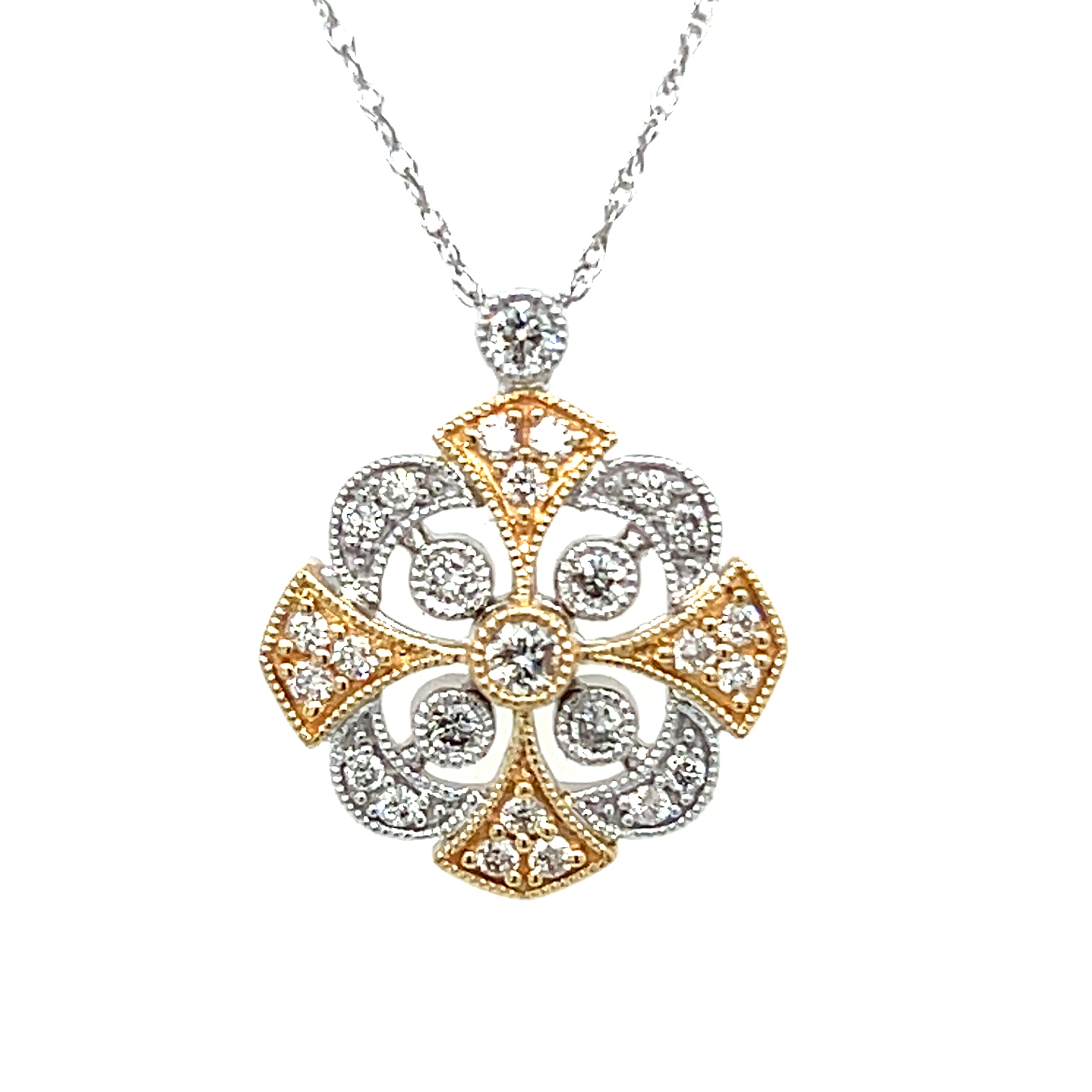 14K Yellow and White Gold 2.5g 1/3 Carat Total Weight Natural Diamond Milgrain Vintage Inspired Pendant with Chain