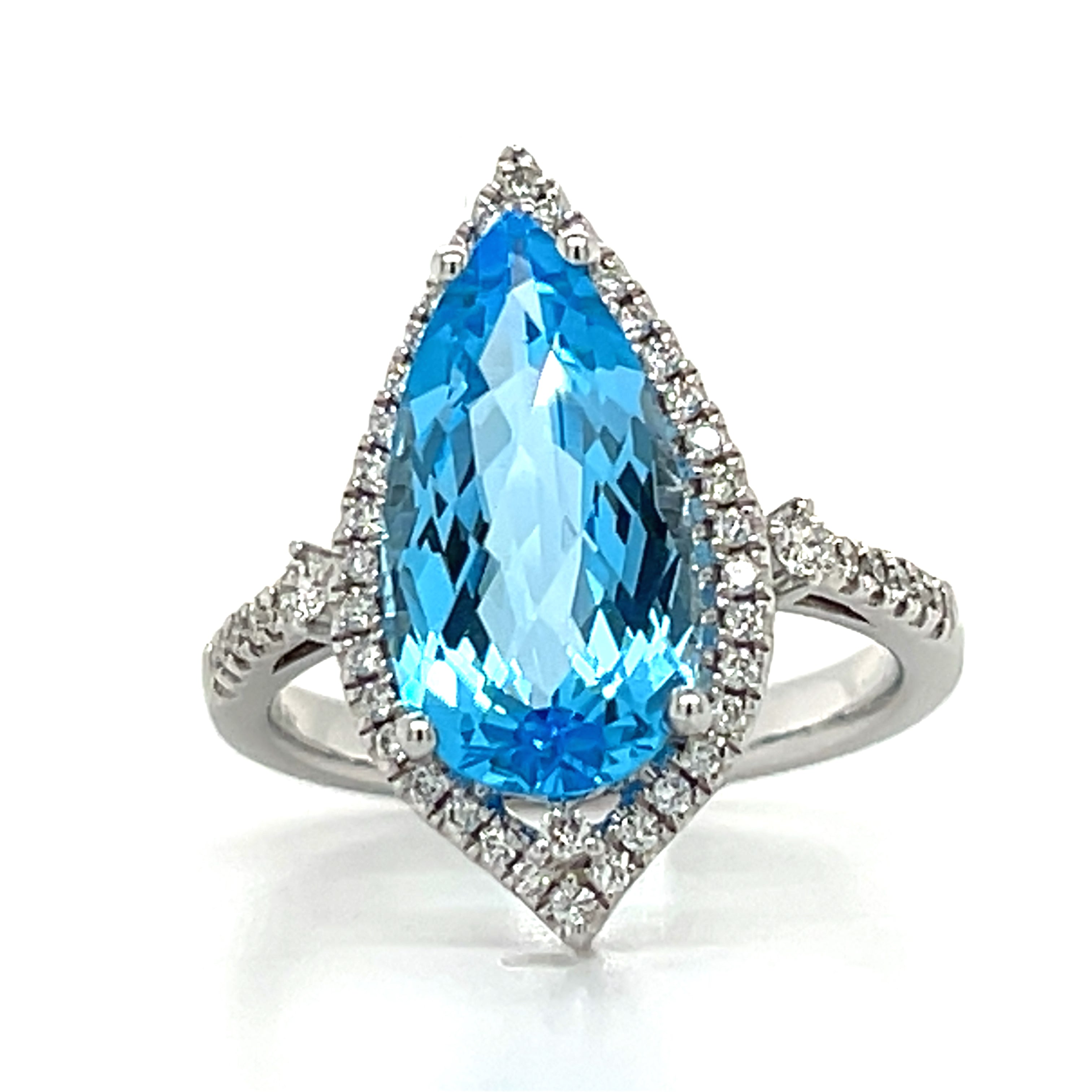 14K White Gold Pear-Shaped Blue Topaz and Diamond Halo Ring