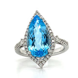 14K White Gold Pear-Shaped Blue Topaz and Diamond Halo Ring