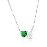 Silver Emerald Heart CZ and Clear Pear-Shaped CZ Necklace 16+2"