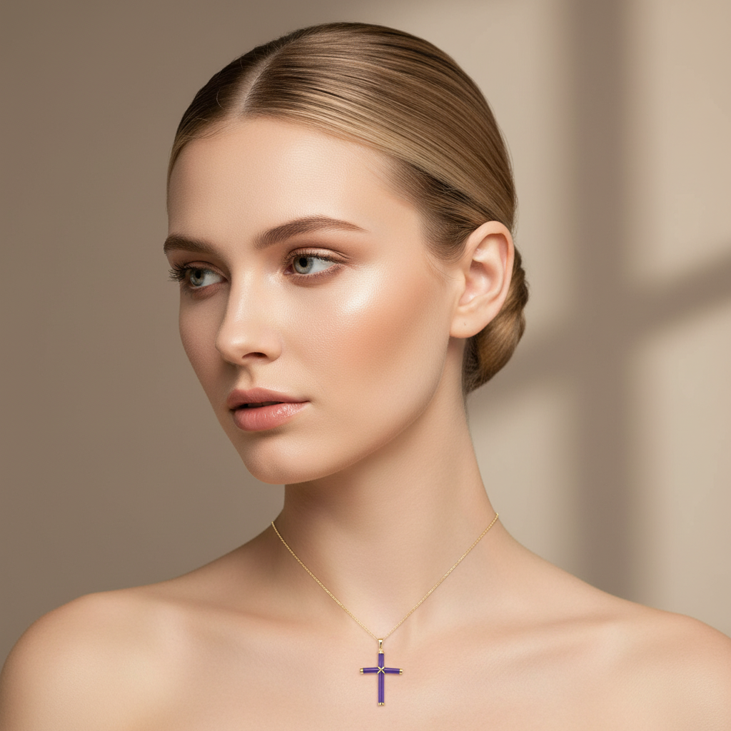 14K Yellow Gold Violet Jade Cross Pendant Necklace