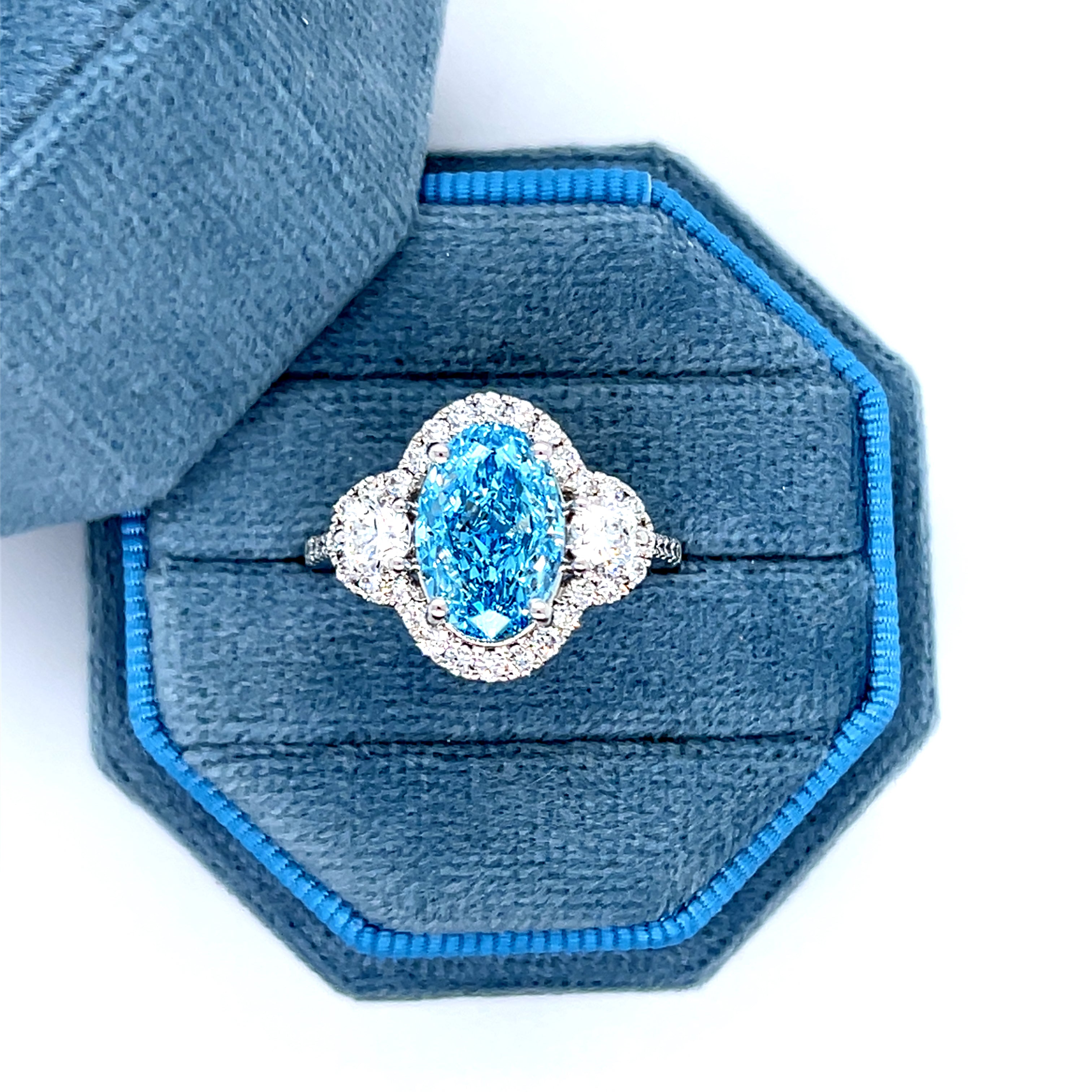 14K White Gold 4.05 Carat Total Weight Oval Lab Grown Diamond Fancy Ring KJR17859-BLUE # IGI, 37J7781525, [IGI 680534827]