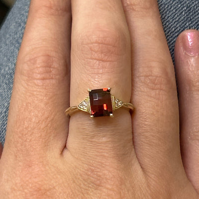 "Claudette" WJS Custom Set 14K Yellow Gold Checkerboard Garnet and Diamond Ring with Milgrain