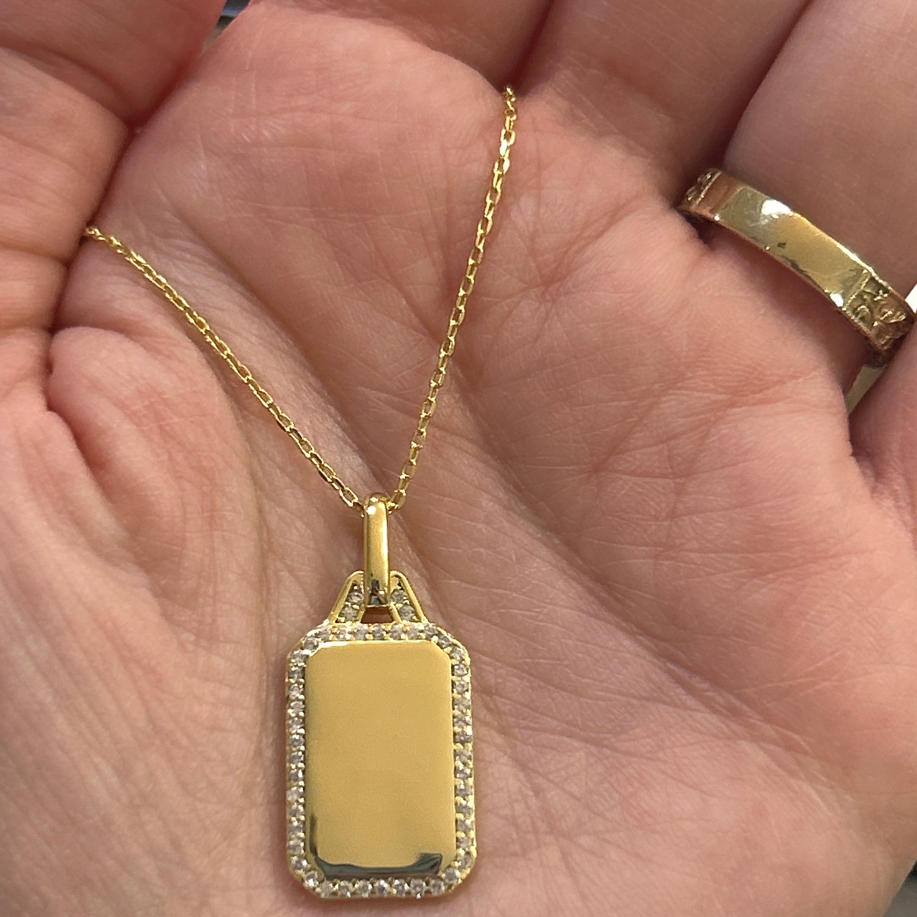 Sterling Silver Gold Plated Rectangle Dog Tag with Cubic Zirconia Border Necklace 16+2"