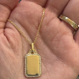 Sterling Silver Gold Plated Rectangle Dog Tag with Cubic Zirconia Border Necklace 16+2"