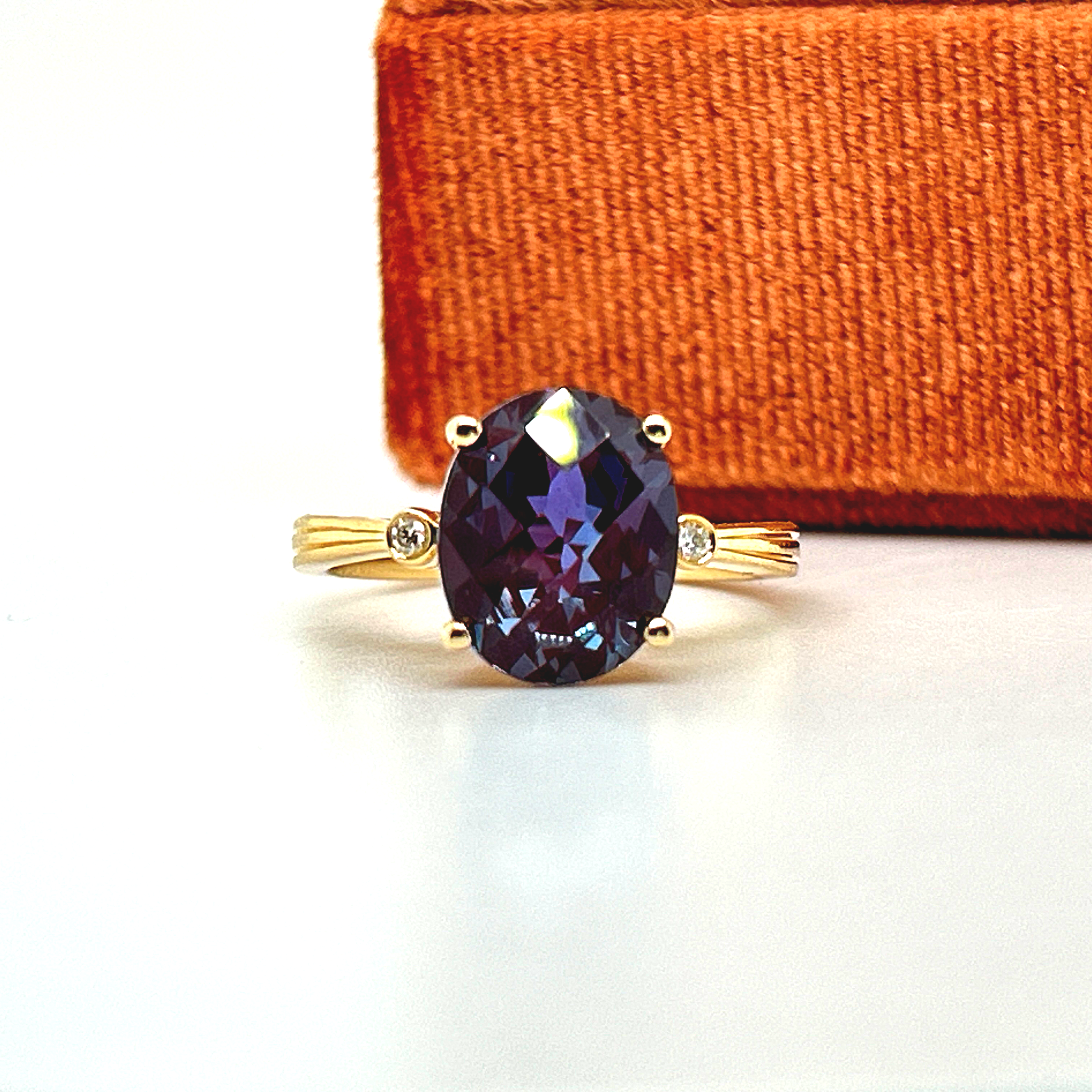 Yellow Gold 4.11CT Checkerboard Lab Alexandrite and 0.024 Carat Total Weight 2-Diamond Ring